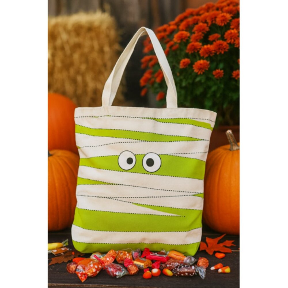 Silly Mummy Face Wide Eyes Halloween Tote or Trick or Treat Canvas Bag NWT NEW
